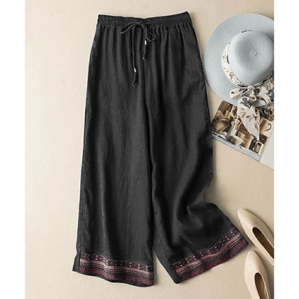 IZURIA | Black Geometric-Embroidered Drawstring Wide-Leg Linen-Blend Pants S